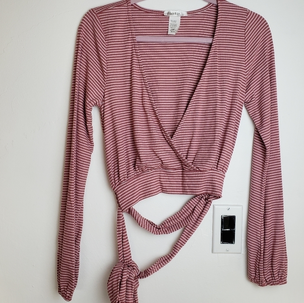Belita Faux Wrap Mauve Striped Pattern Long Sleeve Wrap Crop Top Size M NWOT